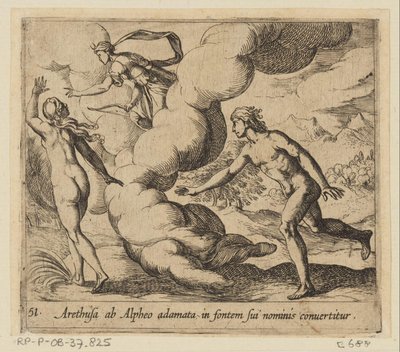 Arethusa wordt achtervolgd oven Alpheus Alfeukseen rakastunut Arethusa muuttuu hänen nimensä lähteeksi (otsikko esineessä) Metamorfoosi tai muunnokset (sarjan nimi) Metamorfosen van Ovidius (sarjan nimi) tekijältä Antonio Tempesta