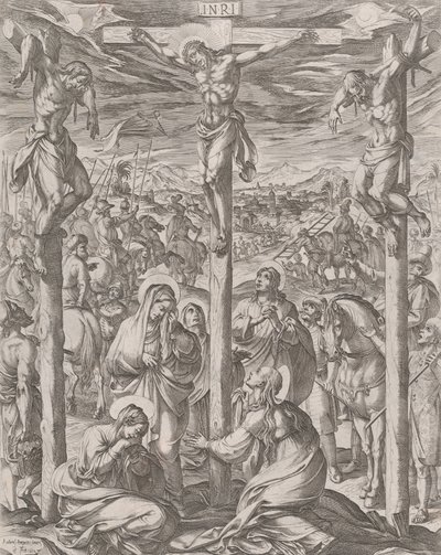 Kristus ristiinnaulittiin kahden varkaan, kolmen Marian, väliin ristin juurella, 1612. tekijältä Antonio Tempesta