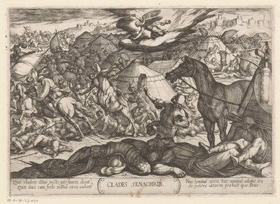 Kuoleman enkeli valloittaa Sanheribin armeijan Clades Senachrib (otsikko esineessä) Vanhan testamentin taistelukohtaukset (sarjan nimi) tekijältä Antonio Tempesta