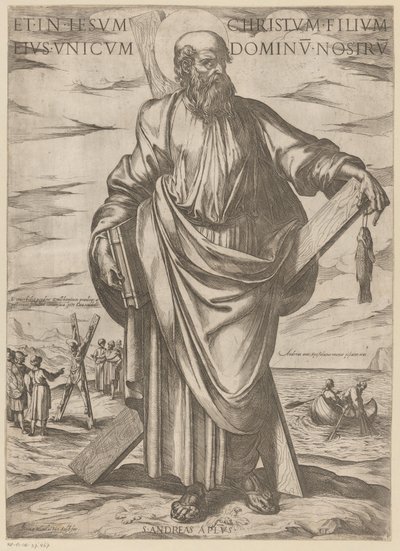 Pyhästä Andreasta Ja Jeesuksessa Kristuksessa, hänen ainoassa pojassaan, meidän Herrassamme (otsikko esineessä) Kristus, Maria en de apostle (sarjan nimi) tekijältä Antonio Tempesta