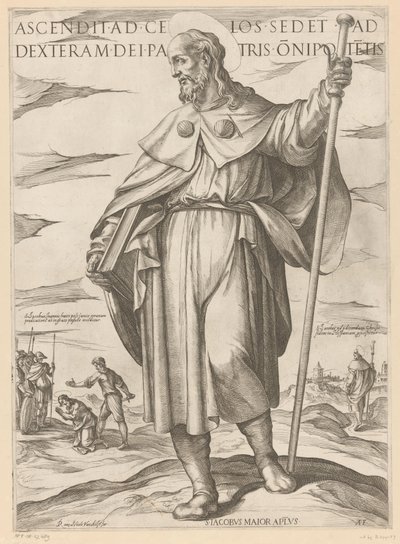 De heilige Jakobus de Meerdere Hän, joka nousi taivaaseen, istuu Isä Kaikkivaltiaan oikealla puolella (otsikko esineessä) Kristus, Maria en de apostle (sarjan nimi) tekijältä Antonio Tempesta