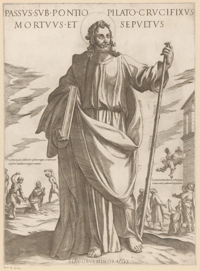 De heilige Jakobus de Mindere Kärsimys Pontius Pilatuksen alla, ristiinnaulittu, kuollut ja haudattu (nimi esineessä) Kristus, Maria en de apostle (sarjan nimi) tekijältä Antonio Tempesta
