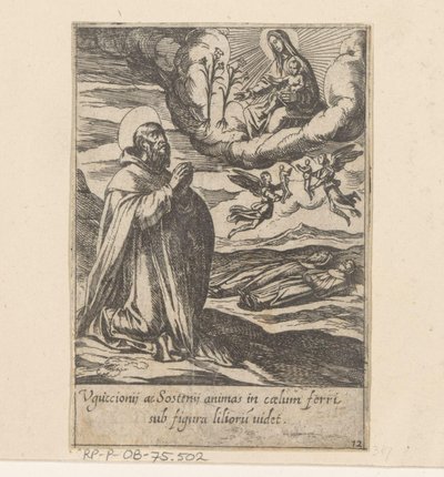 De heilige Philippus bidt voor de zielen van twee broeders Het Leven van Philippus Benitius (sarjan nimi) B. Philippi Benicius Florentin elämä. ord. B. Marian Neitsyt palvelija (sarjan nimi) tekijältä Antonio Tempesta