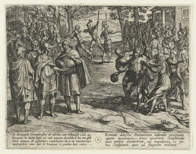 Vanhat Batavian miehet ostavat palveluksensa roomalaisille, 69-70 The Batavian Revolt (sarjan nimi) Batavorum cum Romanis Bellum, maissi. Tacito / The Batavian Oft Oude Hollandtsche Krijghe teghen de Romeynen (sarjan nimi esineellä) tekijältä Antonio Tempesta