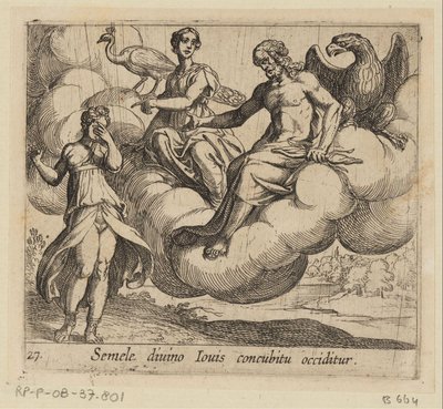 De wens van Semele Semele tapetaan yhdynnässä jumalallisen Jupiterin kanssa (otsikko esineessä) Metamorfoosi tai muunnokset (sarjan nimi) Metamorfosen van Ovidius (sarjan nimi) tekijältä Antonio Tempesta