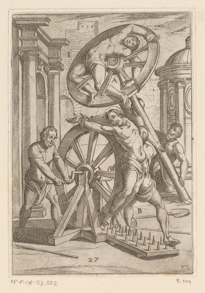 Kidutus terävillä päillä ja pyörillä Kristittyjen marttyyrien kärsimät kidutukset (sarjan nimi) Varia tormentorum et supplicioru crudelium (...) (sarjan nimi) tekijältä Antonio Tempesta