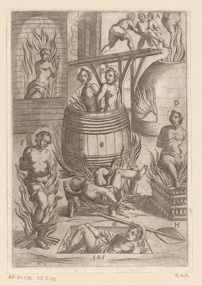 Kidutus eri polttotavoilla Kristittyjen marttyyrien kärsimät kidutukset (sarjan nimi) Varia tormentorum et supplicioru crudelium (...) (sarjan nimi) tekijältä Antonio Tempesta