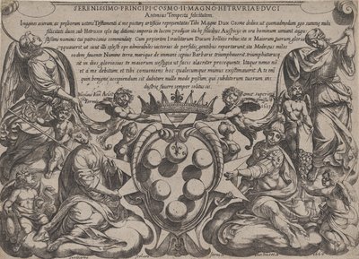 "Vanhan testamentin taistelujen" etukappale Medicin käsivarsilla, jonka kruunasi ..., 1660. tekijältä Antonio Tempesta