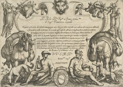 Etukappale, jossa on metsästäjiä, koiria ja hevosia, elokuvasta "Hunting Scenes VI", 1609. tekijältä Antonio Tempesta
