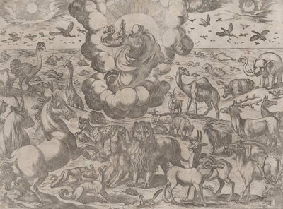 Jumala luo eläimiä, n. 1590-1630. tekijältä Antonio Tempesta