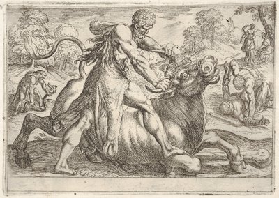 Hercules ja Achelous: keskellä Herkules tarttuu härän sarviin painaessaan ri..., 1608. tekijältä Antonio Tempesta