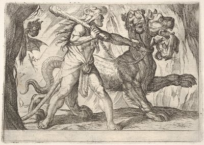 Herkules ja Cerberus: Herkules tarttuu Cerberuksen kaulukseen, kaksi demonia ilmestyy vasemmalle..., 1608. tekijältä Antonio Tempesta