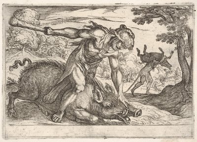 Herkules ja Erymanthuksen karju: Herkules pitää karjujen kuonoa alhaalla vasemmalla ha..., 1608. tekijältä Antonio Tempesta