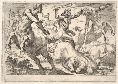 Hercules and the Kentaurs: Hercules pitää kentaurin päätä vasemmalla kädellä ja rai..., 1608. tekijältä Antonio Tempesta