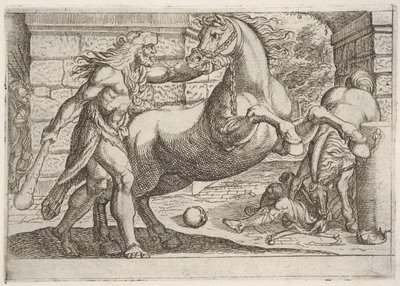Herkules ja Diomedesen tammat: Herkules tarttuu kasvatushevosen suitsiin, toinen..., 1608. tekijältä Antonio Tempesta