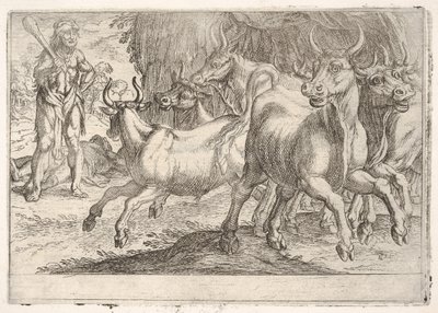 Herkules ja Geryonesin härät: oikealla kädellä nostettu nuija Herkules kohtaa..., 1608. tekijältä Antonio Tempesta