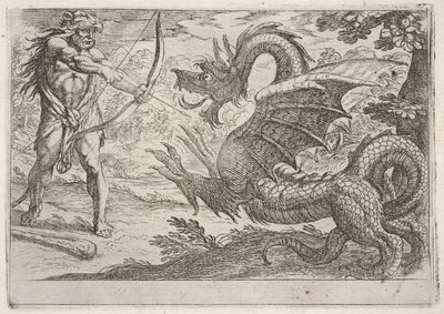 Hercules ja käärme Ladon: Hercules vetää jousensa, kasvattava käärme ilmestyy pro..., 1608. tekijältä Antonio Tempesta