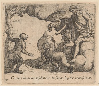 Jupiter muuttaa Cercopesin apinaksi Jupiter muuttaa hyvän piirittäjät apinoksi (otsikko esineessä) Metamorfoosi tai muunnokset (sarjan nimi) Metamorfosen van Ovidius (sarjan nimi) tekijältä Antonio Tempesta