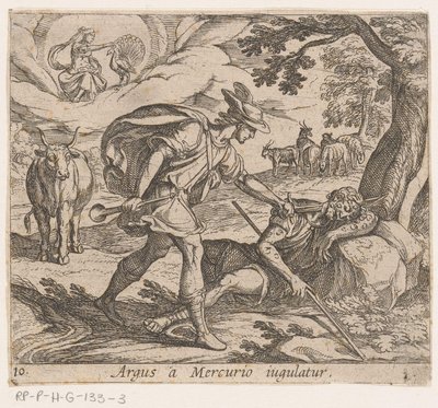 Mercury doodt Argus Merkurius kuristaa Argusin (otsikko esineessä) Metamorfoosi tai muunnokset (sarjan nimi) Metamorfosen van Ovidius (sarjan nimi) tekijältä Antonio Tempesta