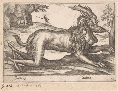 hirviömäinen olento Satirus/ Satiro (otsikko esineessä) Eläimet ja myyttiset olennot (sarjan nimi) Nova raccolta de li animali piu curiosi del mondo (sarjan nimi) tekijältä Antonio Tempesta