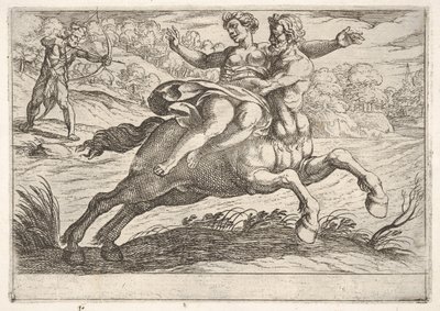 Nessus yrittää kaapata Dejaniraa Herculesilta: Nessus pidättelee Dejaniran selällään wh..., 1608. tekijältä Antonio Tempesta