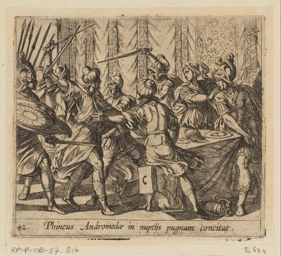 Phineus verstoort de Perseus en Andromedan häät Phineus provosoi Andromedan tappelemaan häissään (otsikko esineessä) Metamorfoosi tai muunnokset (sarjan nimi) Metamorfosen van Ovidius (sarjan nimi) tekijältä Antonio Tempesta