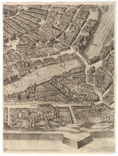 Rooman kaupungin suunnitelma. Osa 10 Tiberin ja Villa Farnesinan kanssa, 1645. tekijältä Antonio Tempesta