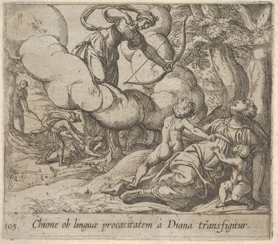 Levy 105: Diana tähtää joustaan Chionea kohti, jonka seurassa on kaksi lasta, vuonna 1606. tekijältä Antonio Tempesta