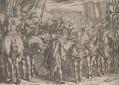 Levy 10: Aleksanteri etsii Dareioksen ruumista, Aleksanteri Suuren teoista, 1608. tekijältä Antonio Tempesta