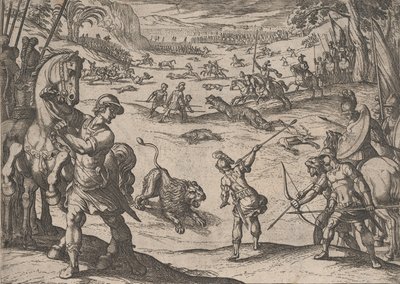 Levy 11: Aleksanterin leijonanmetsästys, Aleksanteri Suuren teoista, 1608., tekijältä Antonio Tempesta