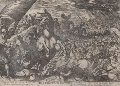 Levy 11: Joshua käskee auringon pysymään paikallaan, teoksesta The Battles of the Ol..., n. 1590-n. 1610. tekijältä Antonio Tempesta