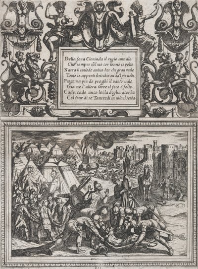 Levy 12: Kuvitus Cantoon XII, Torquato Tasson teoksesta Gerusalemme liberata ..., n. 1590-1630. tekijältä Antonio Tempesta