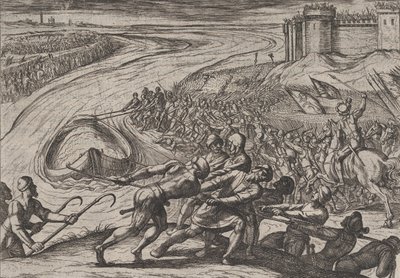 Levy 12: Viljakuormaisen aluksen vetäminen rantaan, Roomalaisten sodasta ... vastaan, 1611. tekijältä Antonio Tempesta