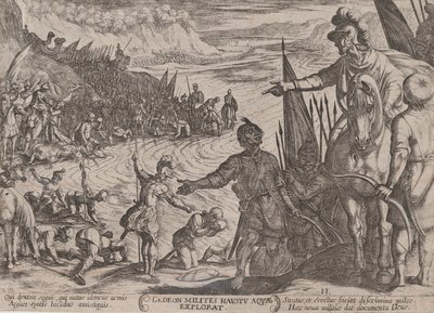 Levy 13: Gideon valitsee sotilaita, teoksesta "Vanhan testamentin taistelut...", n. 1590-n. 1610. tekijältä Antonio Tempesta