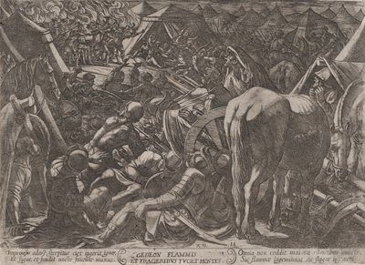 Levy 14: Gideon Terrorizing the Enemy Camp, julkaisusta "The Battles of the Old Tes...", n. 1590-n. 1610. tekijältä Antonio Tempesta