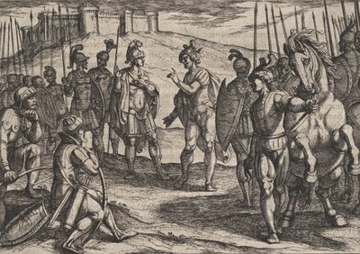 Levy 15: Civilis käsittelee roomalaisen komentajan kanssa, teoksesta The War of the Rooms Against the ..., 1611. tekijältä Antonio Tempesta