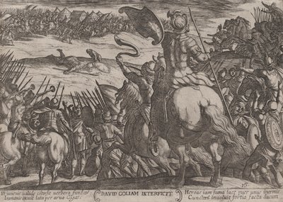 Levy 16: Daavid tappaa Goljatin, Vanhan testamentin taisteluista, noin..., n. 1590-n. 1610. tekijältä Antonio Tempesta