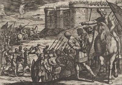 Levy 16: Roomalaiset vangit ennen vanhaa linnoitusta, teoksesta Roomalaisten sota B..., 1611. tekijältä Antonio Tempesta