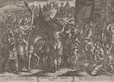 Levy 17: Daavid palaa voittoon Goljatin pään kanssa, teoksesta The Batt..., n. 1590-n. 1610. tekijältä Antonio Tempesta