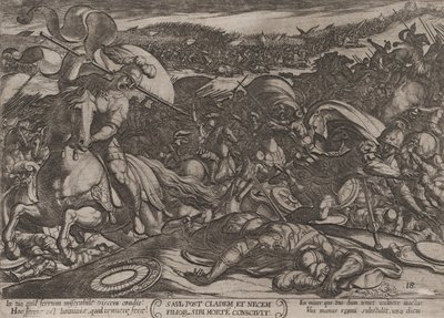 Levy 18: Saulin itsemurha filistealaisten tappion jälkeen, julkaisusta "The Battl...", n. 1590-n. 1610. tekijältä Antonio Tempesta