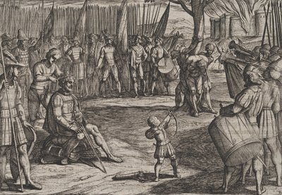 Levy 20: Civilis leikkaamassa hiuksiaan, teoksesta Roomalaisten sota batavialaisia vastaan R..., 1611. tekijältä Antonio Tempesta