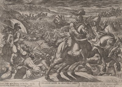 Levy 2: Abraham vapauttaa veljenpoikansa Lotin, julkaisusta "Vanhan testin taistelut...", n. 1590-n. 1610. tekijältä Antonio Tempesta