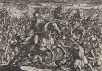 Levy 30: Cerialis ajaa hollantilaisia Reiniin, teoksesta Roomalaisten sota th...a vastaan, 1611. tekijältä Antonio Tempesta
