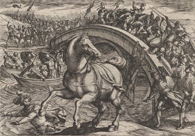 Levy 31: Civilis pakotettu laskeutumaan ja uimaan joen yli, Roomalaisten sodasta..., 1611. tekijältä Antonio Tempesta