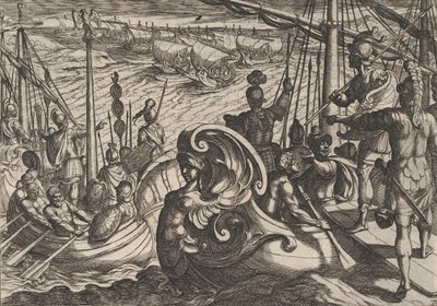 Levy 33: Hollannin ja roomalaiset laivueet Reinillä, teoksesta Roomalaisten sota B..., 1611. tekijältä Antonio Tempesta