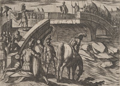 Levy 36: Civilis ja Cerialis tapaavat rikkoutuneella sillalla päästäkseen sopimukseen, The War of..., 1611. tekijältä Antonio Tempesta