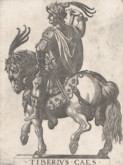 Levy 3: Keisari Tiberius hevosen selässä, teoksesta "Kaksitoista ensimmäistä roomalaista keisaria", 1596. tekijältä Antonio Tempesta