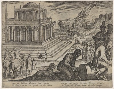 Levy 5: Mausoluksen hauta, kivimuurarit tekevät pylvään oikealle, Seitsemästä ihmeestä..., 1608. tekijältä Antonio Tempesta