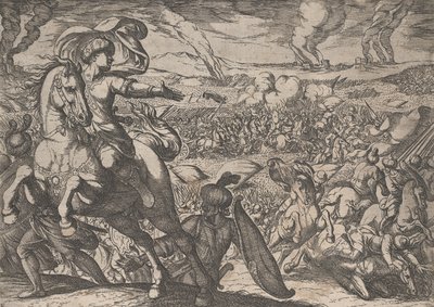 Levy 6: Darius pakenemassa taistelukentältä, Aleksanteri Suuren teoista, 1608. tekijältä Antonio Tempesta