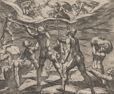 Levy 6: Jättiläiset yrittävät hyökätä Olympus Gigantomachiaa, Ovidiuksen teoksesta Metamorphose..., 1606. tekijältä Antonio Tempesta